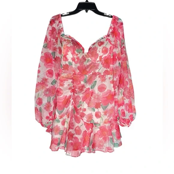 Lena Dresses | Lena Mini Dress Womens Small Floral Garden Party Pink Sheer Sleeve Sweetheart | Color: Pink | Size: S | Illusionkicks1'S Closet